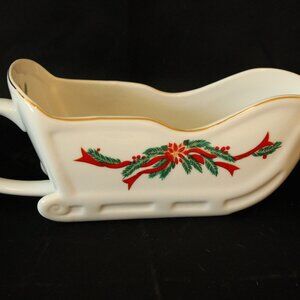 Vintage Poinsettia & Ribbons 16oz Porcelain Sleigh Gravy Boat